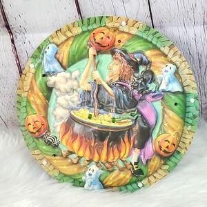 Vintage 90s Cackling Witch Black Cat Ghost 3D Textured Wall Hanging animated